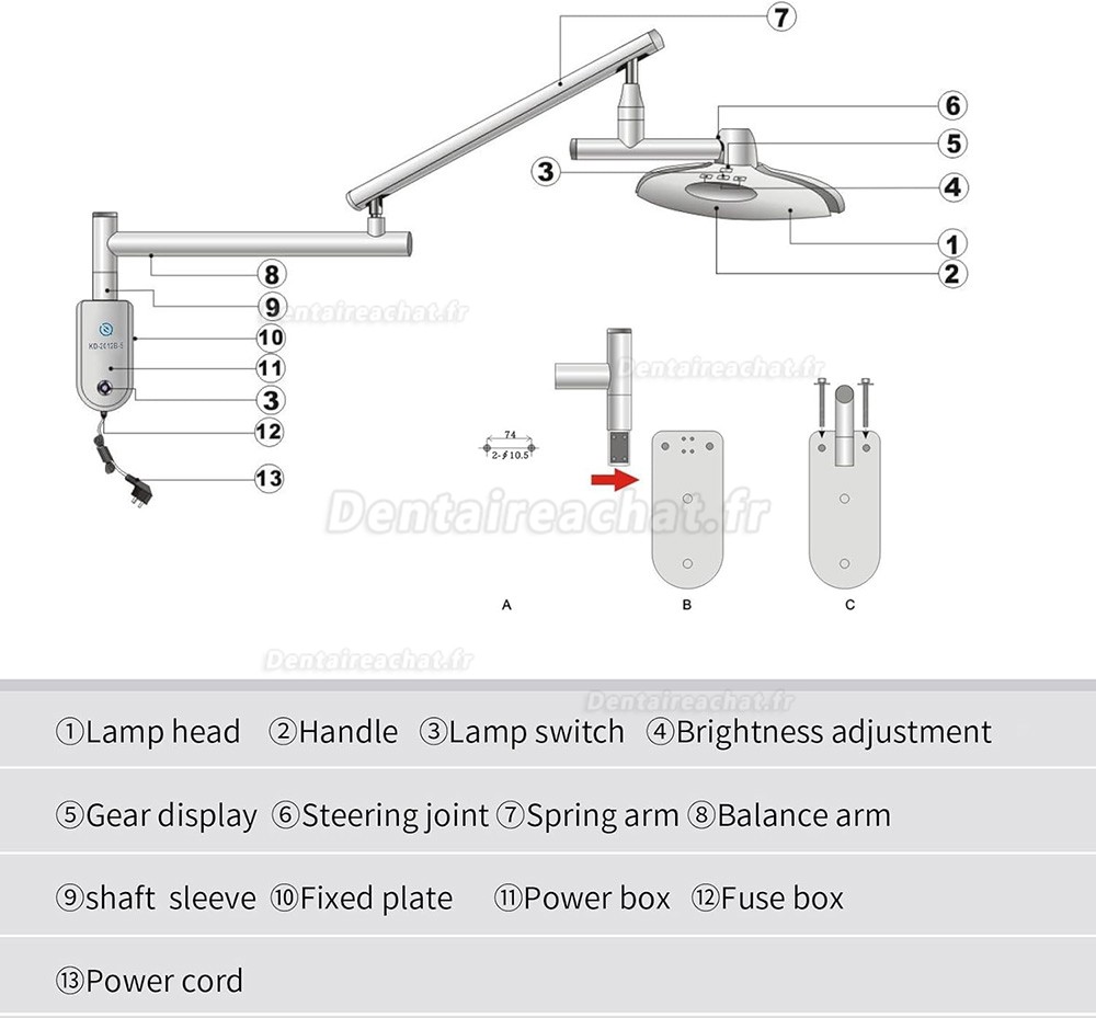 Lampe chirurgicale dentaire LED KWS KD-2012B-5, 90 W, &agrave; montage mural